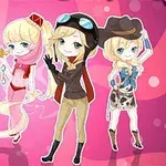 Fire chibi-figurer klædt i forskellige kostumer, herunder politi, pink eventyrer, pilot og cowboy, med en pink baggrund