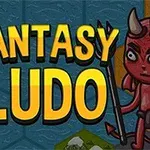 To tegnede figurer, en med rød hud og horn samt en kriger med hjelm og skjold, omkranser teksten Fantasy Ludo på en blå baggrund