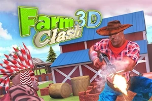 En tegneserielignende scene med en muskuløs cowboy iført cowboyhat, der affyrer et våben mod en person med en indiansk hovedbeklædning foran en lade