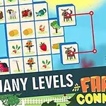 Spilleplade med forskellige billeder af landbrugselementer som grøntsager, dyr og frugter, suppleret med tekst, der reklamerer for mange niveauer og designgrafik med landbrugstema