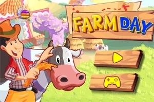 En tegneseriebonde med en ko foran en farverig lade og teksten Farm Day på et træskilt med to knapper nedenfor