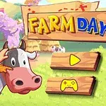 En tegneseriebonde med en ko foran en farverig lade og teksten Farm Day på et træskilt med to knapper nedenfor
