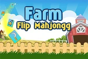Tegnefilmillustration af en gård med et rødt ladehus, et træhegn, spillekort med landbrugstema og teksten Farm Flip Mahjongg