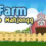 Tegnefilmillustration af en gård med et rødt ladehus, et træhegn, spillekort med landbrugstema og teksten Farm Flip Mahjongg