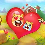Store røde hjerter med forskellige emoji-ansigter og en lade i baggrunden på en farverig landlig scene