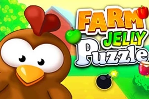 En brun tegneseriekylling med store øjne står foran en farverig baggrund med teksten Farm Jelly Puzzle og et par æbler