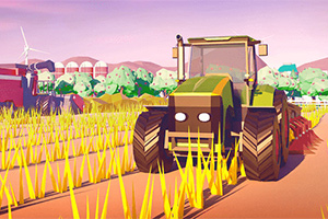 En farverig tegneseriestil illustration af en traktor, der kører på en mark med gule afgrøder, omgivet af træer, bygninger og en vindmølle i baggrunden