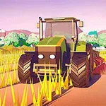 En farverig tegneseriestil illustration af en traktor, der kører på en mark med gule afgrøder, omgivet af træer, bygninger og en vindmølle i baggrunden