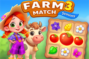 En tegneseriepige iført halmhat og lilla overalls står ved siden af en ko foran et farverigt bræt med symboler som blomster, æbler og sommerfugle