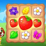 En glad pige med fletninger og hat står ved siden af en hund foran et matchende spil med blomster og frugt på en lys baggrund