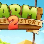 Illustration med store, farverige bogstaver, der staver Farm Puzzle Story 2 på en træbanner med en landlig baggrund
