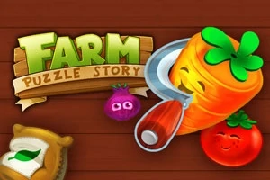 En tegneserieillustration viser en glad gulerod med en kniv, en lilla løg, en rød tomat og en sæk, med teksten Farm Puzzle Story i baggrunden
