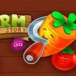 En tegneserieillustration viser en glad gulerod med en kniv, en lilla løg, en rød tomat og en sæk, med teksten Farm Puzzle Story i baggrunden