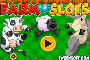 Tegneserieagtige dyr, herunder en ko, får og hest, med en stor play-knap i midten på en grøn ternet baggrund