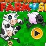 Tegneserieagtige dyr, herunder en ko, får og hest, med en stor play-knap i midten på en grøn ternet baggrund