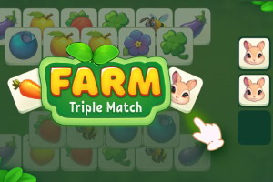 Illustration med teksten FARM Triple Match omgivet af ikoniske farverige frugter, grøntsager og dyremotiver på en grøn baggrund