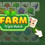 Illustration med teksten FARM Triple Match omgivet af ikoniske farverige frugter, grøntsager og dyremotiver på en grøn baggrund