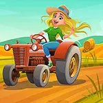 En kvinde med langt blond hår og en hat kører en rød traktor på en vej gennem et solrigt marklandskab med runde halmballer