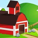 Rød lade med mørkt tag placeret i et grønt landskab med bakker og en vej
