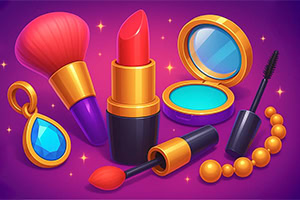 Makeup sæt med rød læbestift, pudderbørste, øjenskygge, mascara, ørestikker og perlehalskæde på en lilla baggrund