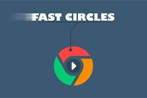 Tekst der siger Fast Circles med en cirkulær, farverig grafik og en play-knap i midten på blå baggrund