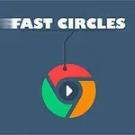 Tekst der siger Fast Circles med en cirkulær, farverig grafik og en play-knap i midten på blå baggrund