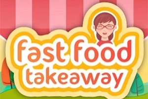 Tegneserie-inspireret logo med teksten fast food takeaway og en kvinde med briller øverst, omgivet af en rød og hvid stribet baggrund