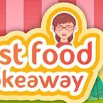 Tegneserie-inspireret logo med teksten fast food takeaway og en kvinde med briller øverst, omgivet af en rød og hvid stribet baggrund