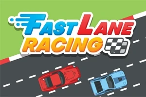 To biler i rød og blå kører på en vej med teksten Fast Lane Racing ovenfor