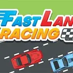 To biler i rød og blå kører på en vej med teksten Fast Lane Racing ovenfor