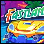 Gul sportsvogn med kanoner foran og teksten FASTLANERS over bilen i et farverigt, tegneserieagtigt miljø