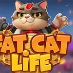 En buttet grå kat med en rød plet på panden står i en kurv med teksten Fat Cat Life foran