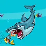 Tegneserieillustration af en stor haj, der angriber og spiser en mindre fisk under vandet, med to små farverige fisk i baggrunden