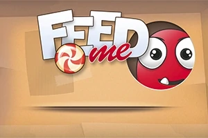 En rød figur med store øjne ser gennem et hul ved siden af teksten Feed me med en illustration af et bolche
