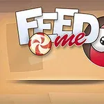 En rød figur med store øjne ser gennem et hul ved siden af teksten Feed me med en illustration af et bolche