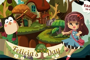 Tegneseriebillede af en pige i en blå kjole og et animeret dyr foran et eventyrligt hus i skoven med teksten Felicias Day