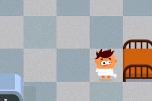En animeret karakter med brunt hår står ved siden af en orange seng på et skakternet gulv