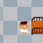 En animeret karakter med brunt hår står ved siden af en orange seng på et skakternet gulv