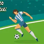 En tegneseriefigur i fodbolduniform løber med en bold på en fodboldbane, med teksten FIFA Score øverst til venstre