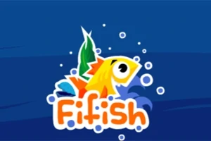 En farverig tegneseriefisk omgivet af bobler med teksten Fifish på en blå baggrund