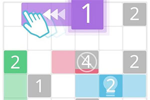 Rutenet med farvede felter og tal, en hånd der peger mod et lilla felt med tallet et