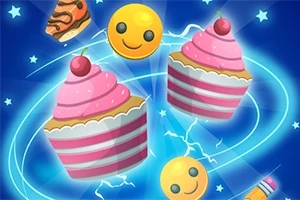 Lyserøde cupcakes med kirsebær, smiley-ansigter og stykker af slik mod en blå baggrund med stjerner og lyn
