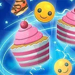 Lyserøde cupcakes med kirsebær, smiley-ansigter og stykker af slik mod en blå baggrund med stjerner og lyn