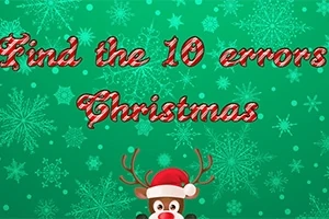Tekst i rød skrift på en grøn baggrund med snefnug, der siger Find the 10 errors Christmas samt en tegnet rensdyr med nissehue