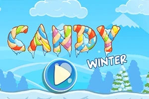 Farverig tekst med ordet CANDY formet som slik og ordet WINTER, over et vinterlandskab med bjerge og sneklædte træer, samt en stor play-knap i midten