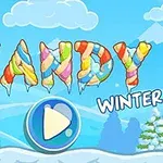 Farverig tekst med ordet CANDY formet som slik og ordet WINTER, over et vinterlandskab med bjerge og sneklædte træer, samt en stor play-knap i midten