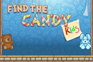 Teksten Find the Candy Kids præsenteres i farverige bogstaver mod en blå baggrund med legetøjsmønstre, med en brun bamse til venstre og en blå bamse til højre