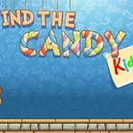 Teksten Find the Candy Kids præsenteres i farverige bogstaver mod en blå baggrund med legetøjsmønstre, med en brun bamse til venstre og en blå bamse til højre