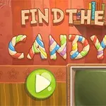 Et farverigt rum med teksten Find the Candy i slik-lignende bogstaver, et stort grønt afspilningsikon, en gammel fjernsynsskærm og en hylde med bøger