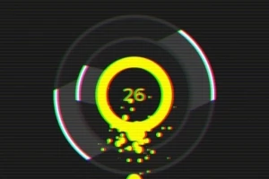 En skærm med en gul cirkel, der indeholder tallet 26, omgivet af en sort baggrund og glitch-effekter